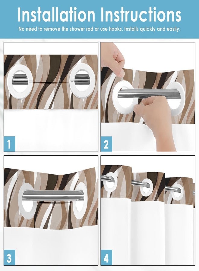 Nesphy No Hook Brown Shower Curtain with Snap in Fabric Liner Set, Modern Abstract Striped Double Layers Waterproof Fabric with See Through Top Window Open Grommet Bath Curtain 71x74 Inch - Image 2